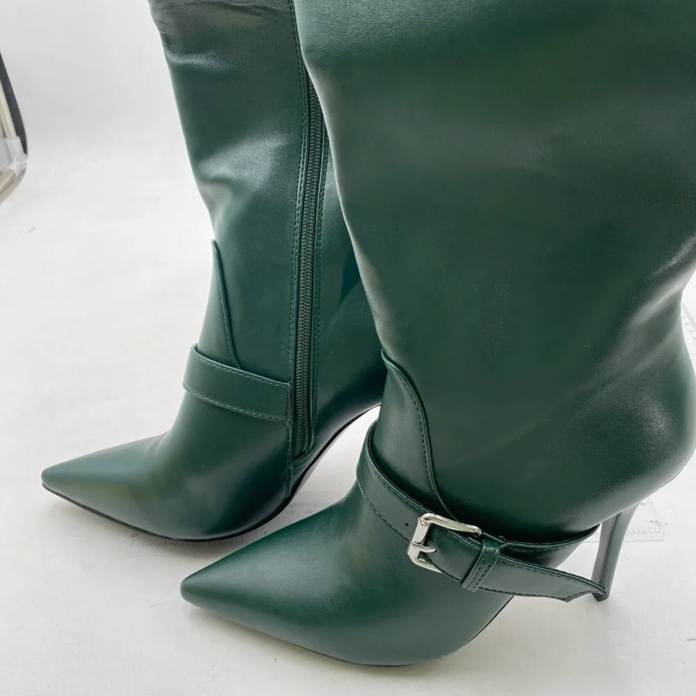 Green High Heel Knee High Boots Pointed Toe Ankle Buckle Side Zip Long Boots